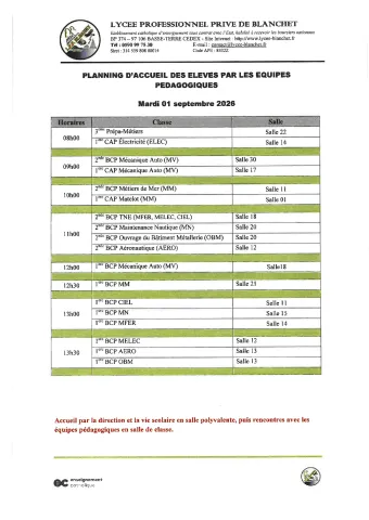 Planning du mardi 1er septembre