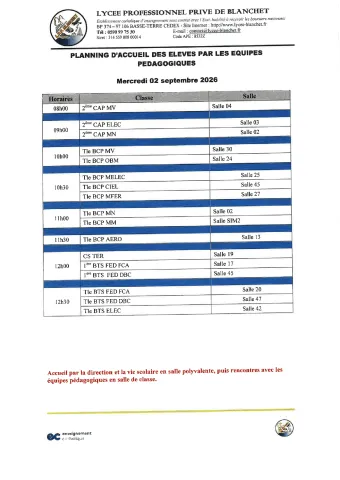 Planning du mercredi 2 septembre