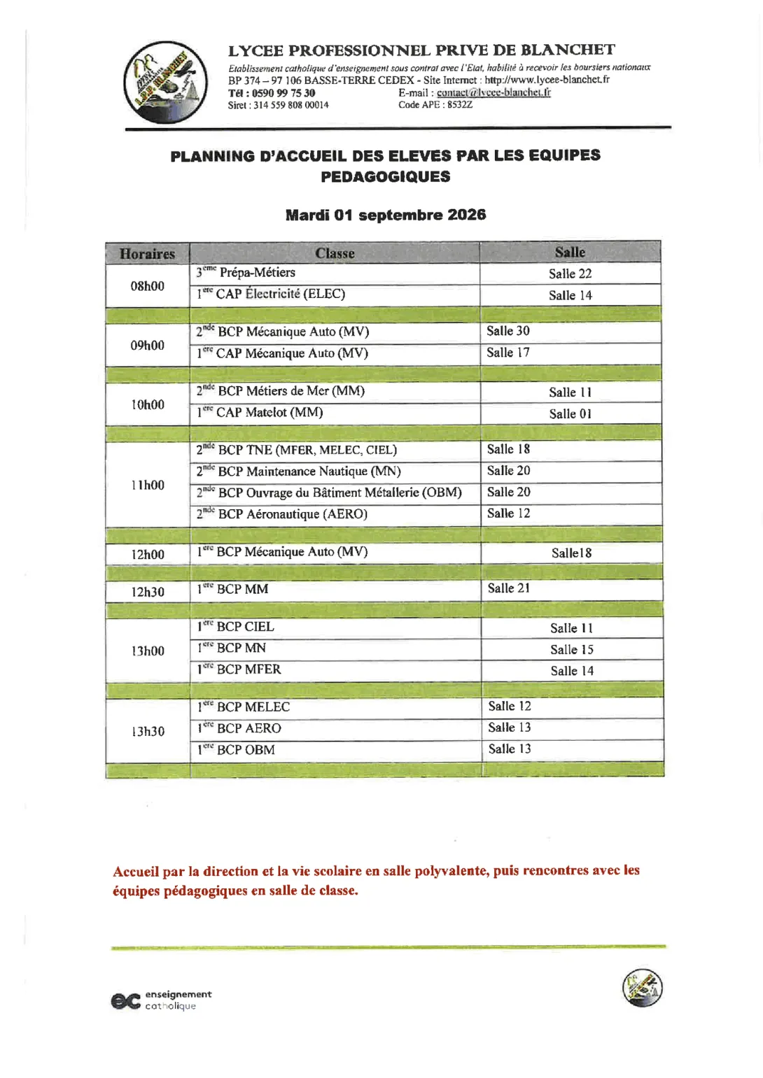 Planning du mardi 1er septembre