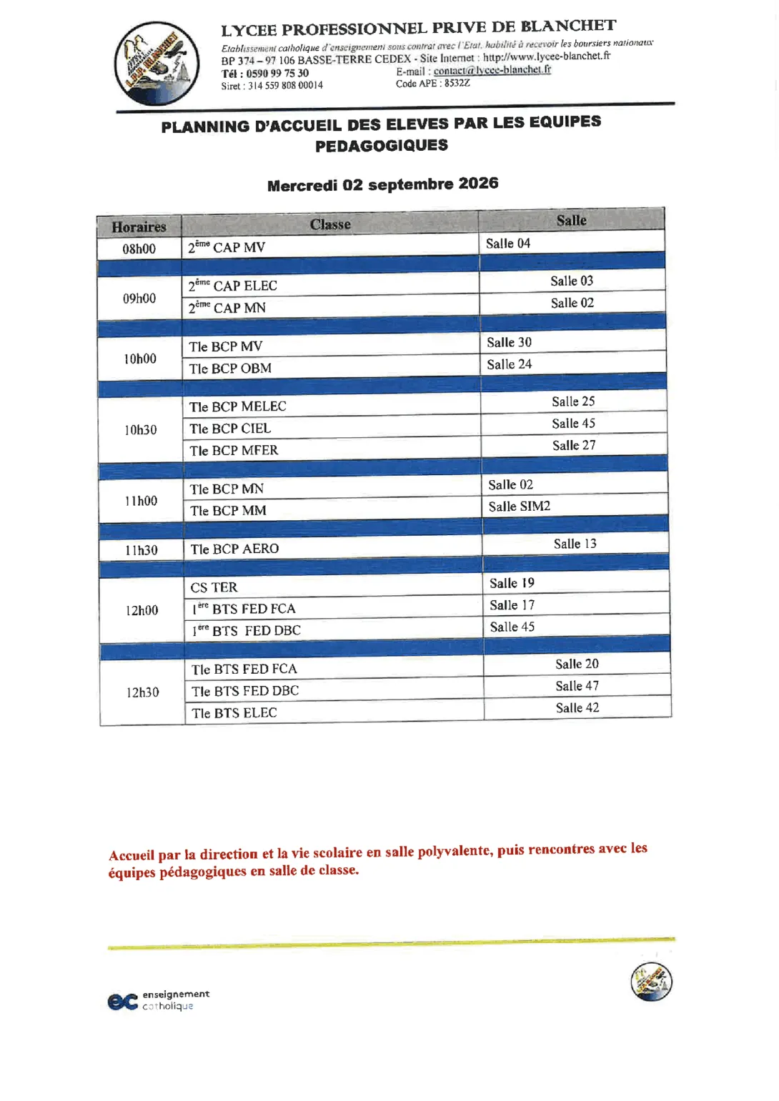Planning du mercredi 2 septembre